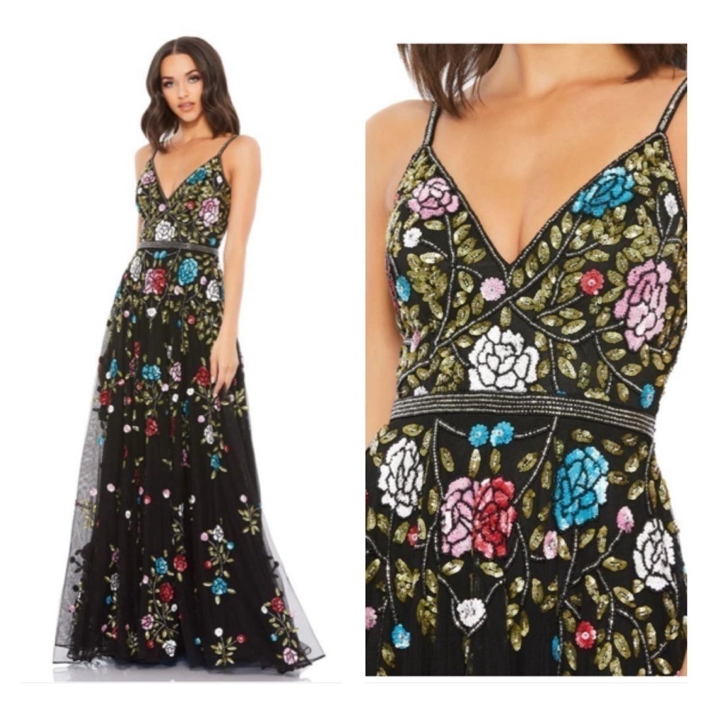 Mac Duggal 5400 NWOT Black/Multi EMBELLISHED FLORAL SEQUINED GOWN
